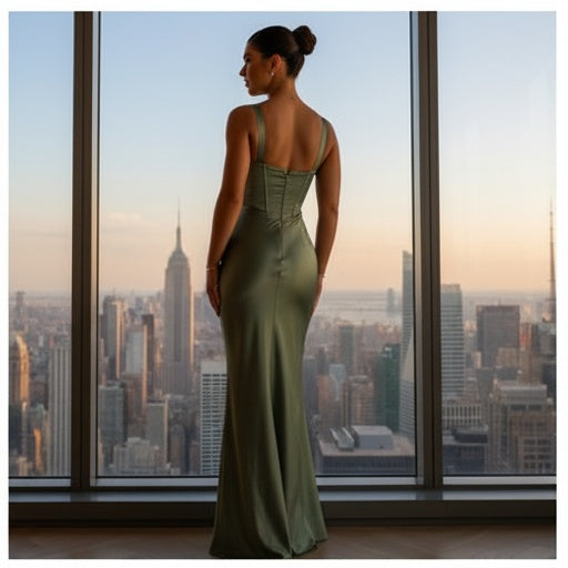 Woman in a green dress standing by a window with a cityscape view