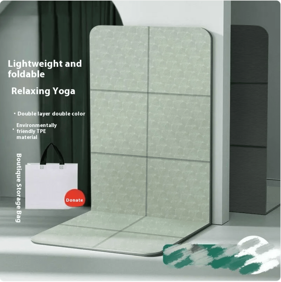 Foldable yoga mat with text highlighting features on a gray background