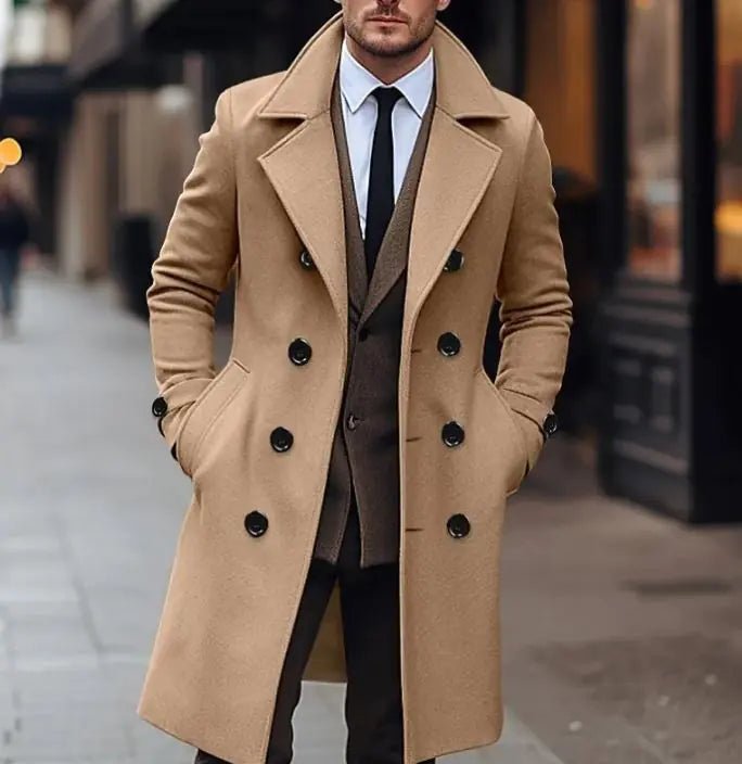Fall Winter Men Woolen Coat Double Breasted Long - SensorySoft