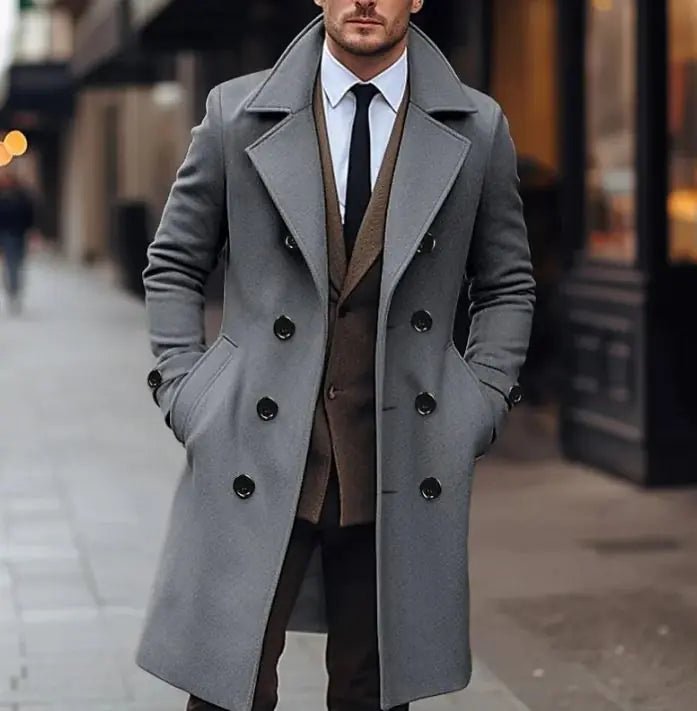 Fall Winter Men Woolen Coat Double Breasted Long - SensorySoft