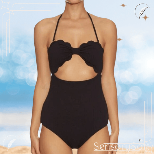 Flattering Bathing Suit - One Piece High Waisted Black Suit - SensorySoft