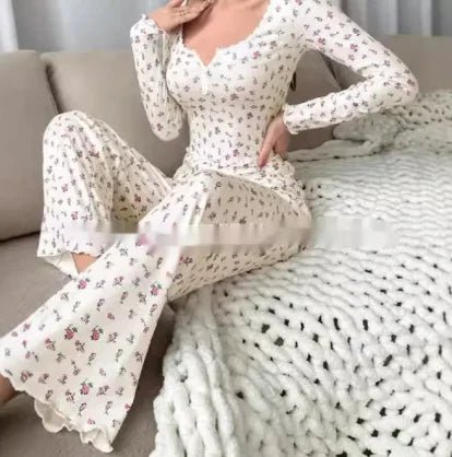 Floral Print Lettuce Edge Lace Collar Button Pajamas - SensorySoftShop