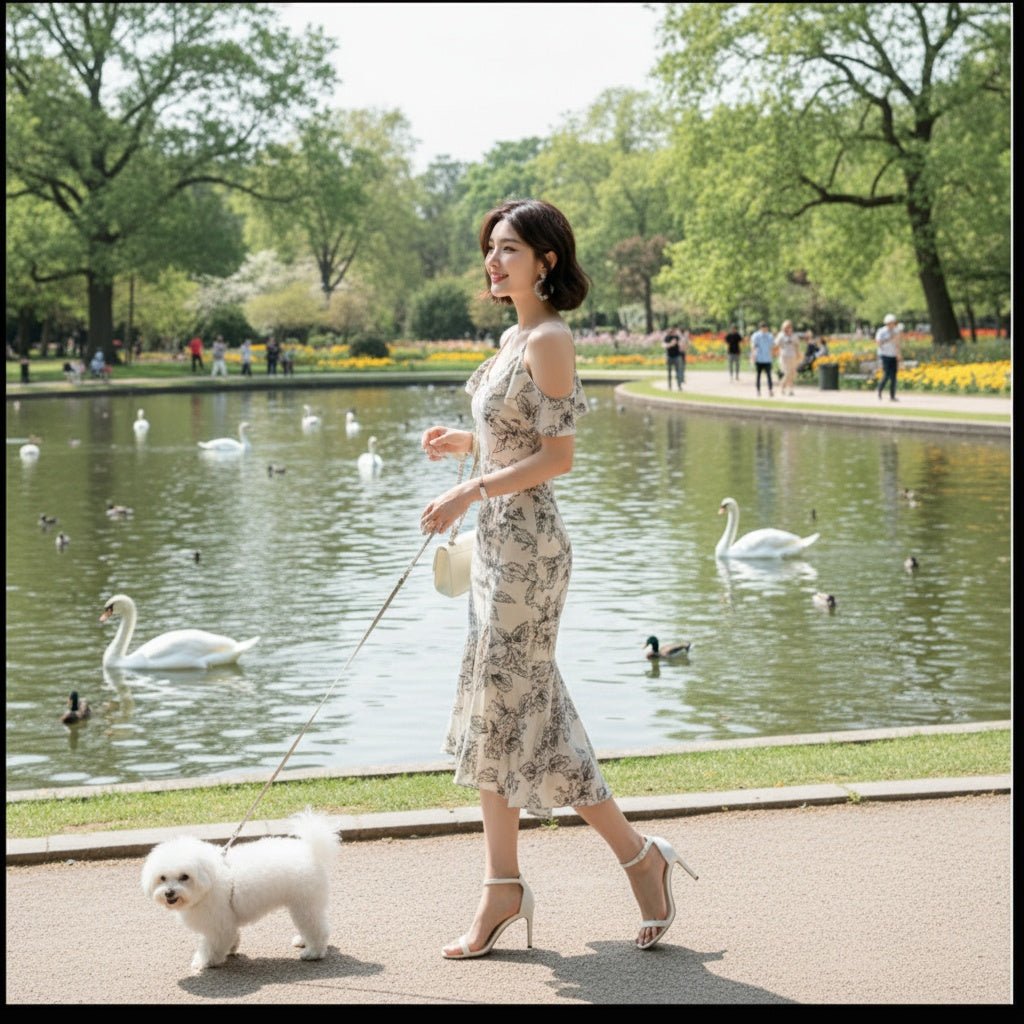 French Cami Dress, One - Shoulder Mermaid Floral Dress - SensorySoftShop