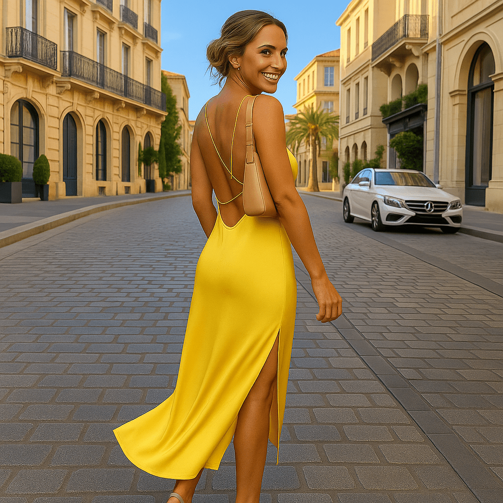 French Yellow Satin Backless Long Skirt Dress - SensorySoft