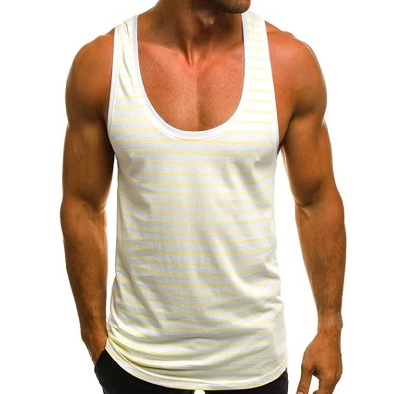 Men's Striped Sleeveless O Neck Tank Tops for Summer Beach and Holidays