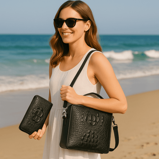 Genuine Leather Crocodile Pattern Handbag - Two Piece Set - SensorySoft