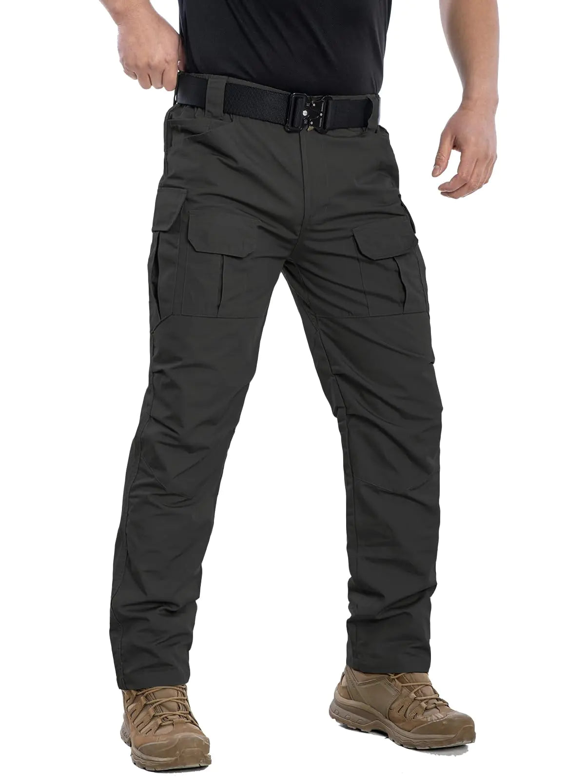 Person wearing black tactical pants on a white background