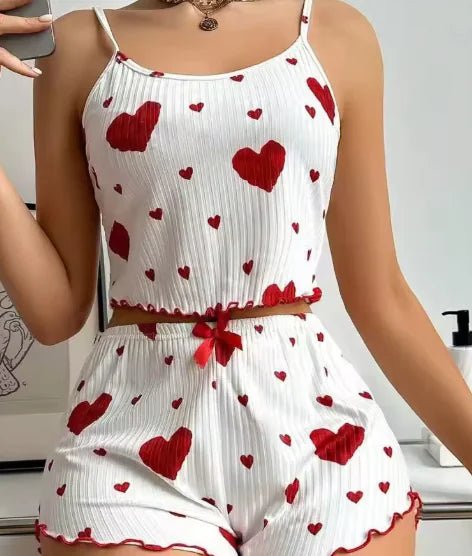 Heart Print Suspender Pajama Set – Stripe Outerwear Loungewear for Women - SensorySoft