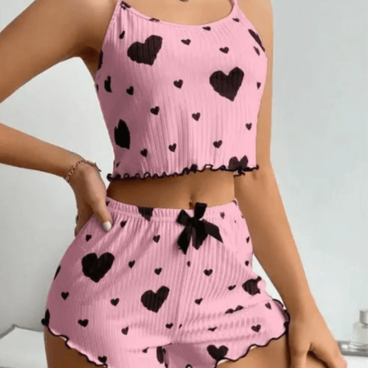 Heart Print Suspender Pyjama Set – Lounge Wear for Women - SensorySoftShop