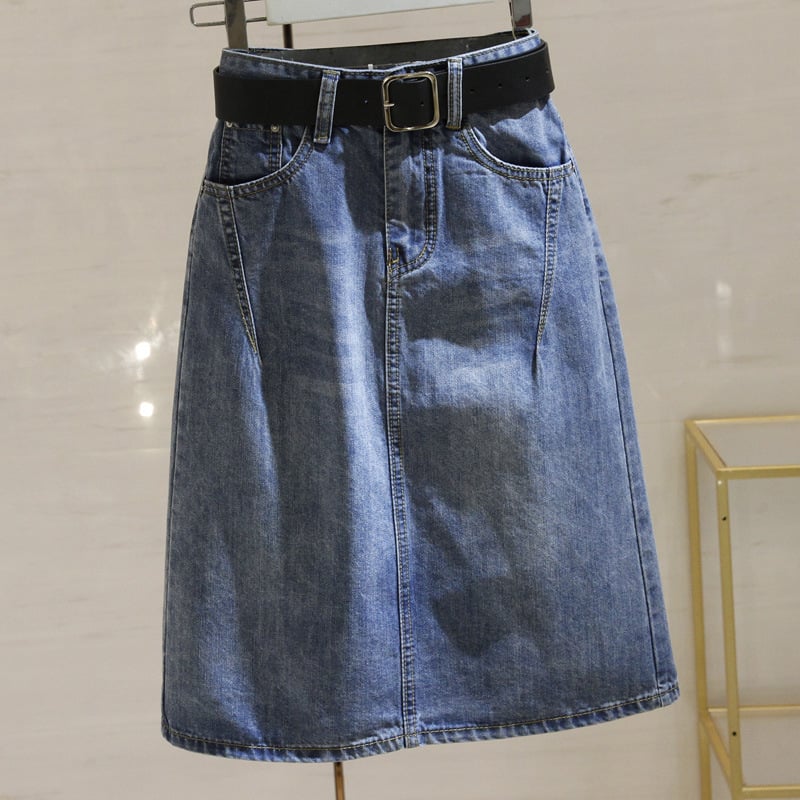 High - Waisted Blue Denim Midi Skirt with Split A - line - SensorySoftShop