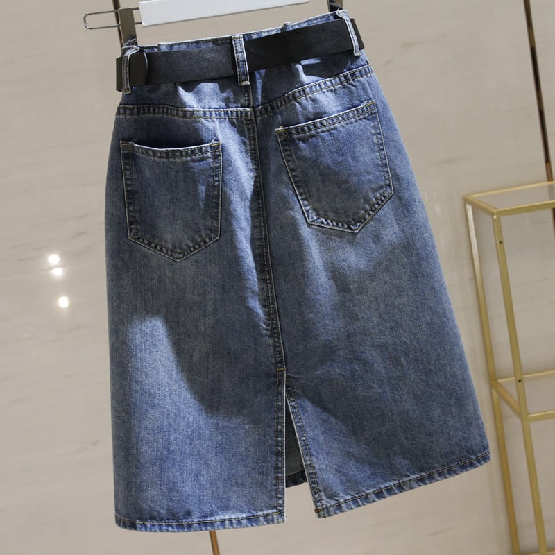High - Waisted Blue Denim Midi Skirt with Split A - line - SensorySoftShop