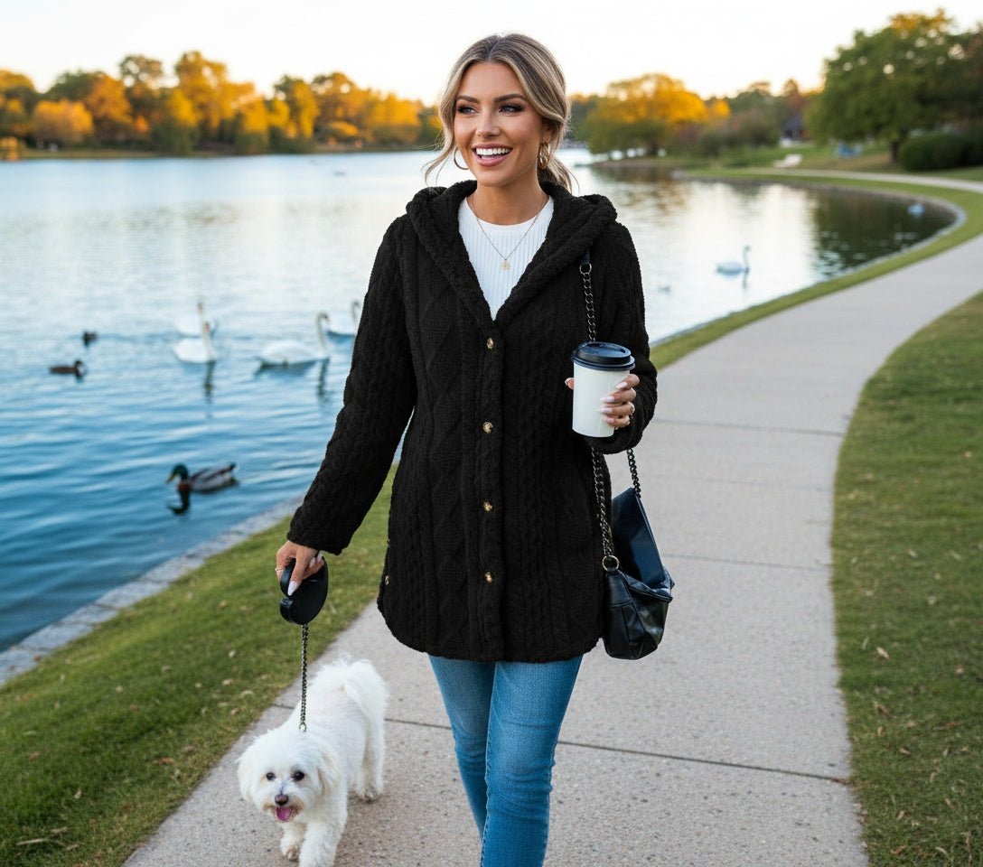 Hooded Cardigan Button Long Jacket Winter Solid Color Long Sleeve Coat - SensorySoftShop