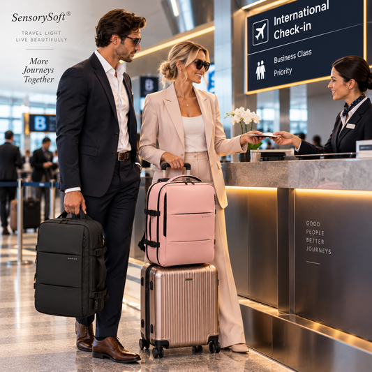 A man and a woman at an airport check-in counter with two SensorySoft travel bags, one black softside bag and one pink hardside suitcase stacked on top of a silver hardside suitcase, with an airline attendant assisting them.