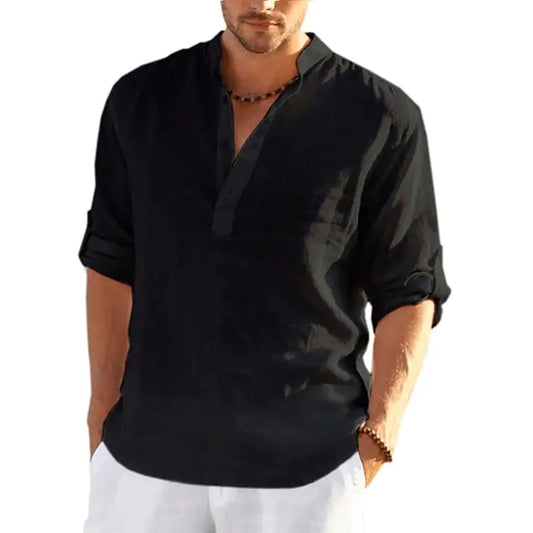 Men's Linen Long Sleeve Shirt-Black