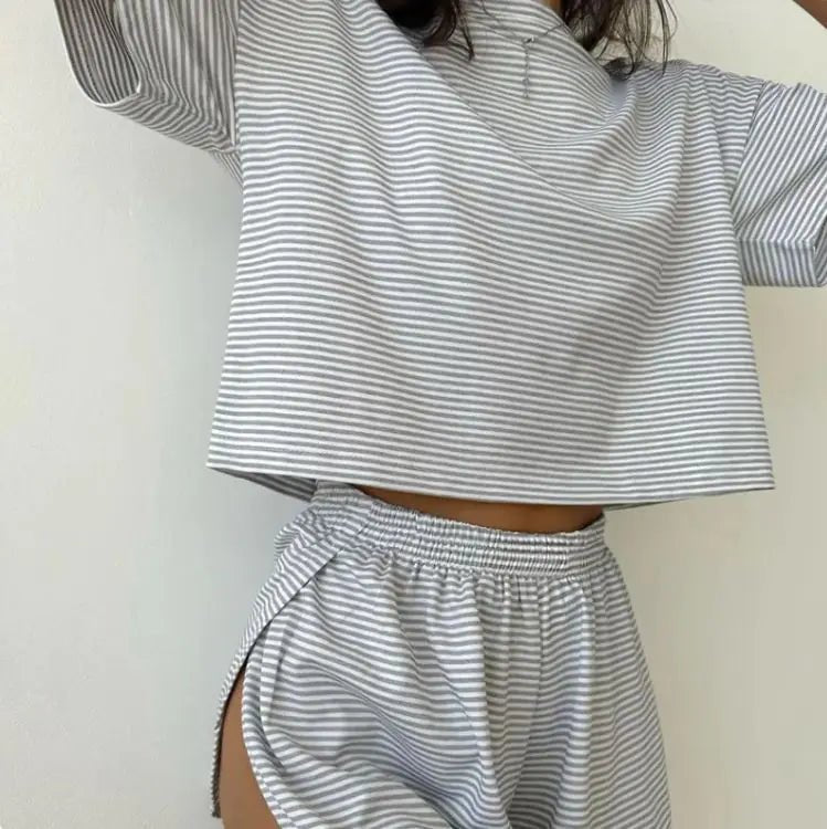 Knitted Striped Pajamas Short - sleeved Shorts Suit - SensorySoftShop