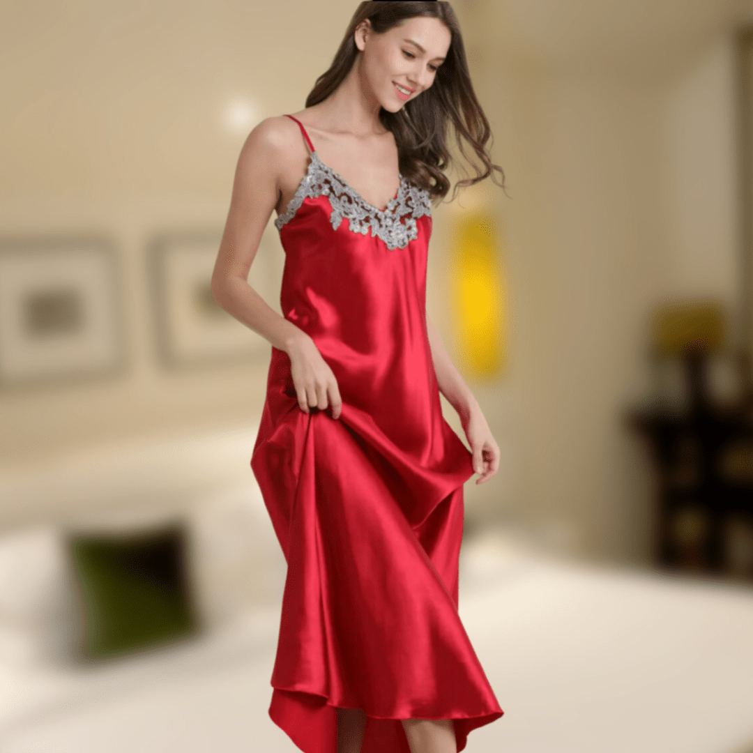 Lace Satin Nightgown – Silky Luxury with Elegant Lace Details - SensorySoftShop