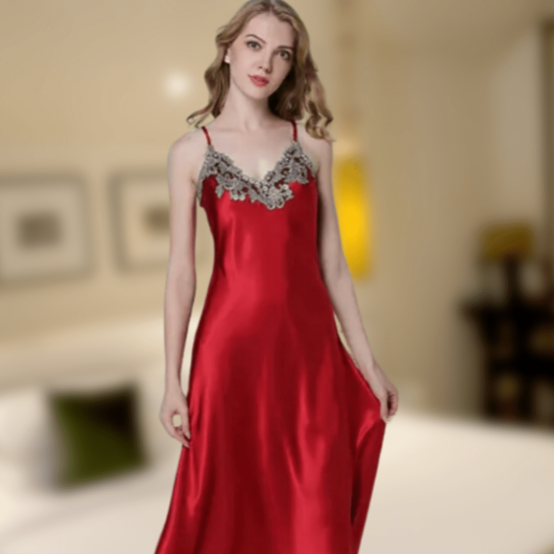 Lace Satin Nightgown – Silky Luxury with Elegant Lace Details - SensorySoftShop