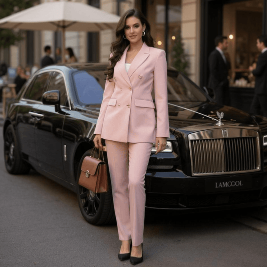 Lamgool Women Pants Suit Double Breasted 2 Piece Blazer Set - SensorySoftShop