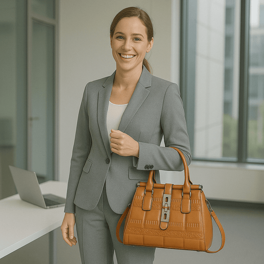 Leather Embossed Finish - Classic Business Handbags - Color Khaki - SensorySoft