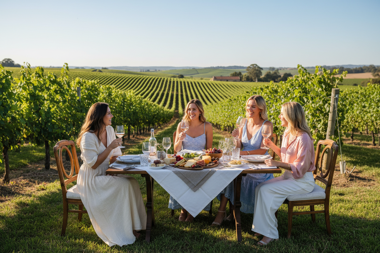 Lesiure wear for ladies, wining and dining in a picturesque vineyard in the barossa valley on a stunning summers day