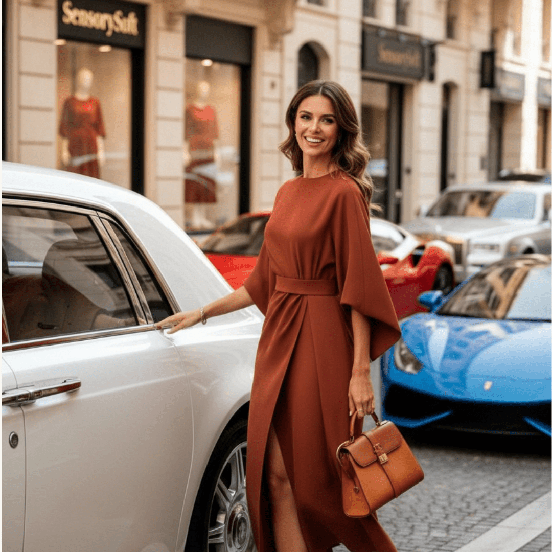 Loose Batwing Sleeve Dress Fashion Waist - tighted Solid Color Elegant Dresses For Women Clothing - In Brick Red - SensorySoftShop