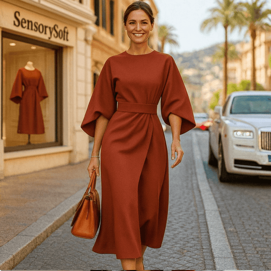Loose Batwing Sleeve Dress Fashion Waist - tighted Solid Color Elegant Dresses For Women Clothing - In Brick Red - SensorySoftShop