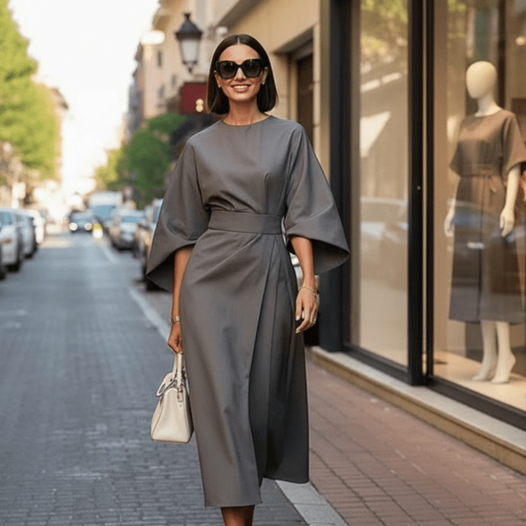 Loose Batwing Sleeve Dress Fashion Waist - tighted Solid Color Elegant Dresses For Women Clothing in Color Grey - SensorySoftShop