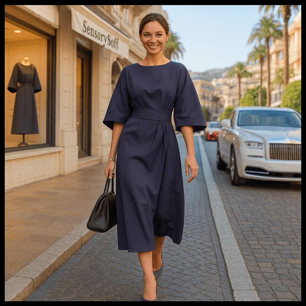 Loose Batwing Sleeve Dress Fashion Waist - tighted Solid Color Elegant Dresses For Women Clothing - Navy Blue - SensorySoftShop