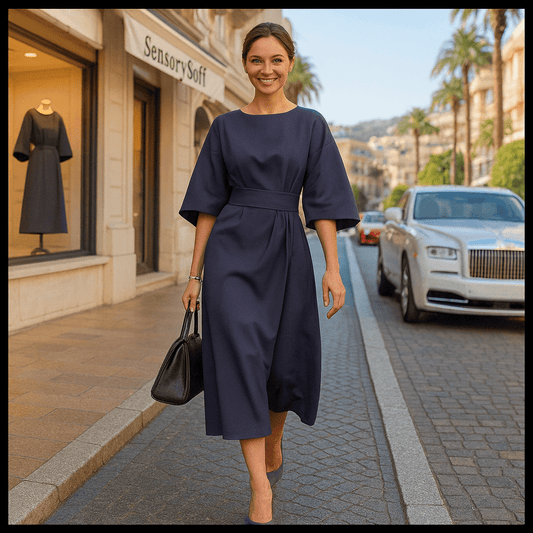 Loose Batwing Sleeve Dress Fashion Waist - tighted Solid Color Elegant Dresses For Women Clothing - Navy Blue - SensorySoftShop