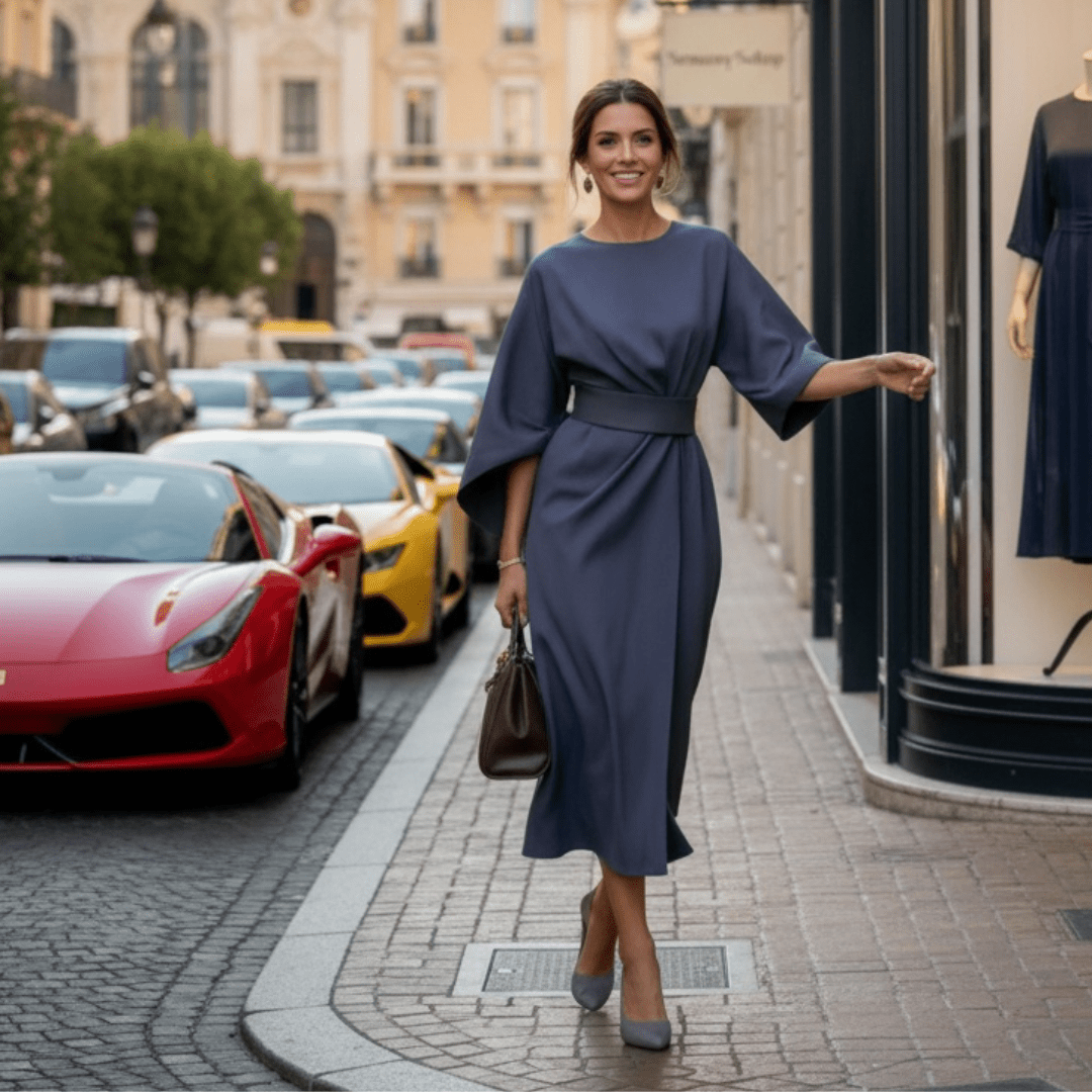 Loose Batwing Sleeve Dress Fashion Waist - tighted Solid Color Elegant Dresses For Women Clothing - Navy Blue - SensorySoftShop