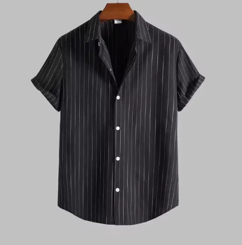 Men's Casual Striped Shirt Short Sleeve Turn-down Collar Tops