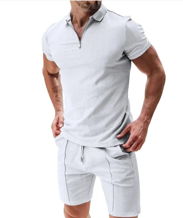 Men's 2 - Piece Waffle Zip Polo & Drawstring Shorts Set - SensorySoftShop