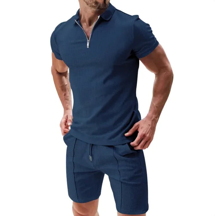 Men's 2 - Piece Waffle Zip Polo & Drawstring Shorts Set - SensorySoftShop