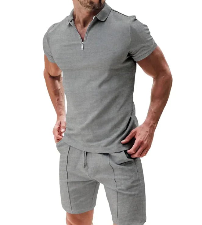 Men's 2 - Piece Waffle Zip Polo & Drawstring Shorts Set - SensorySoftShop