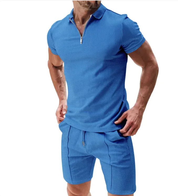 Men's 2 - Piece Waffle Zip Polo & Drawstring Shorts Set - SensorySoftShop