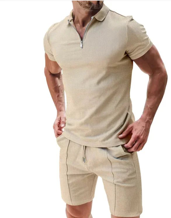 Men's 2 - Piece Waffle Zip Polo & Drawstring Shorts Set - SensorySoftShop