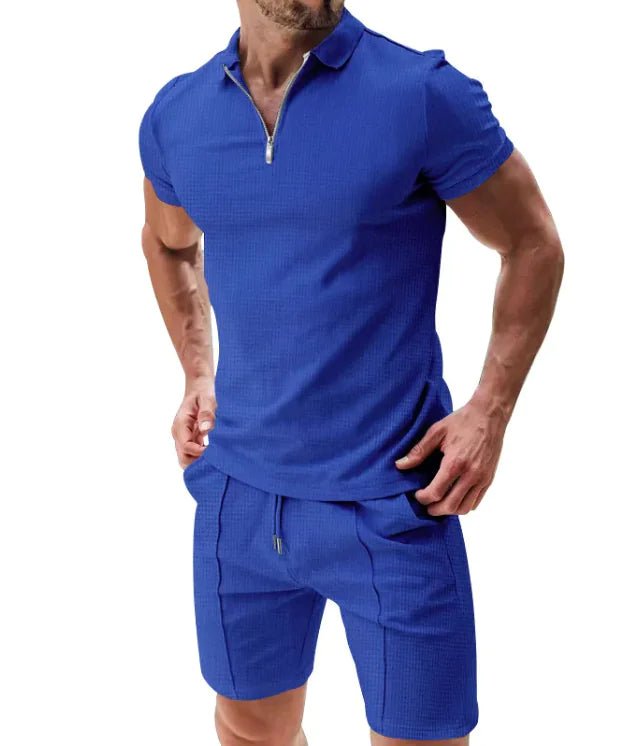 Men's 2 - Piece Waffle Zip Polo & Drawstring Shorts Set - SensorySoftShop