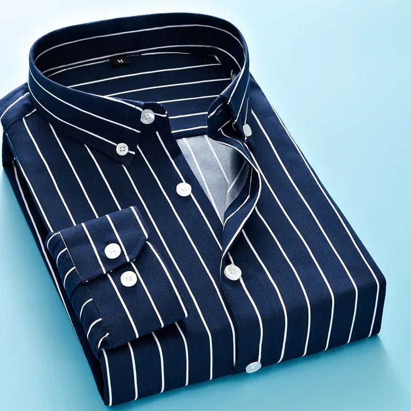 Men's Long Sleeve Striped Dress Shirt in Deep Navy Blue - SensorySoft
