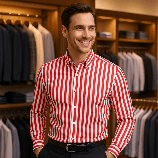 Men's Long Sleeve Striped Dress Shirt in Striking Red - SensorySoft