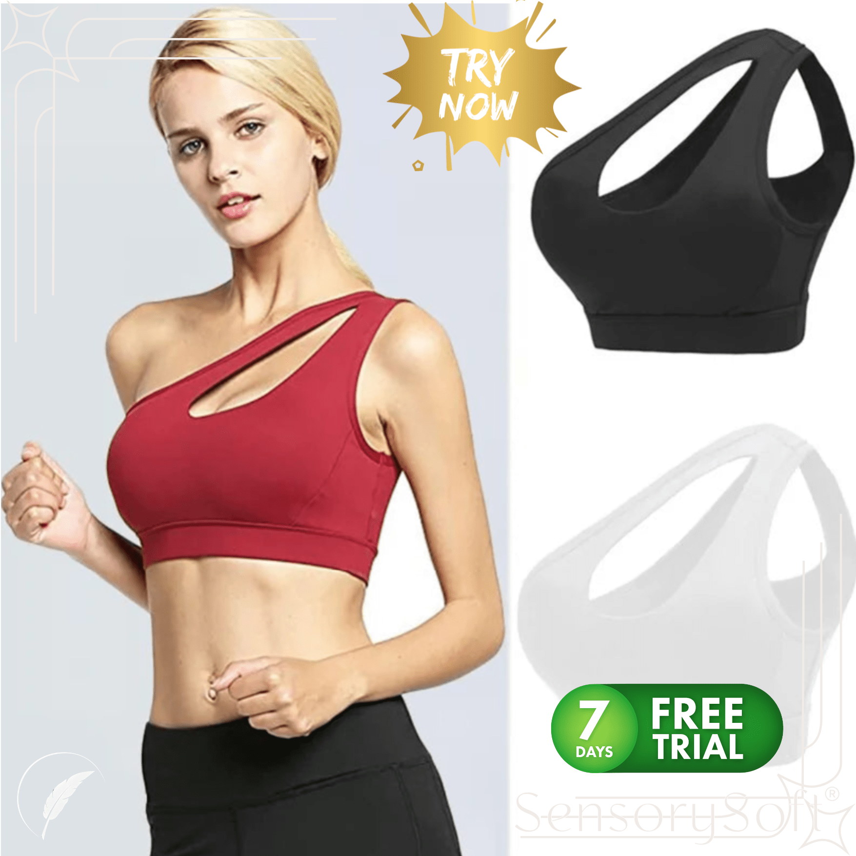 One - Shoulder Yoga Sports Bra; Sexy, Wire - Free, Push - Up Crop Top - SensorySoft