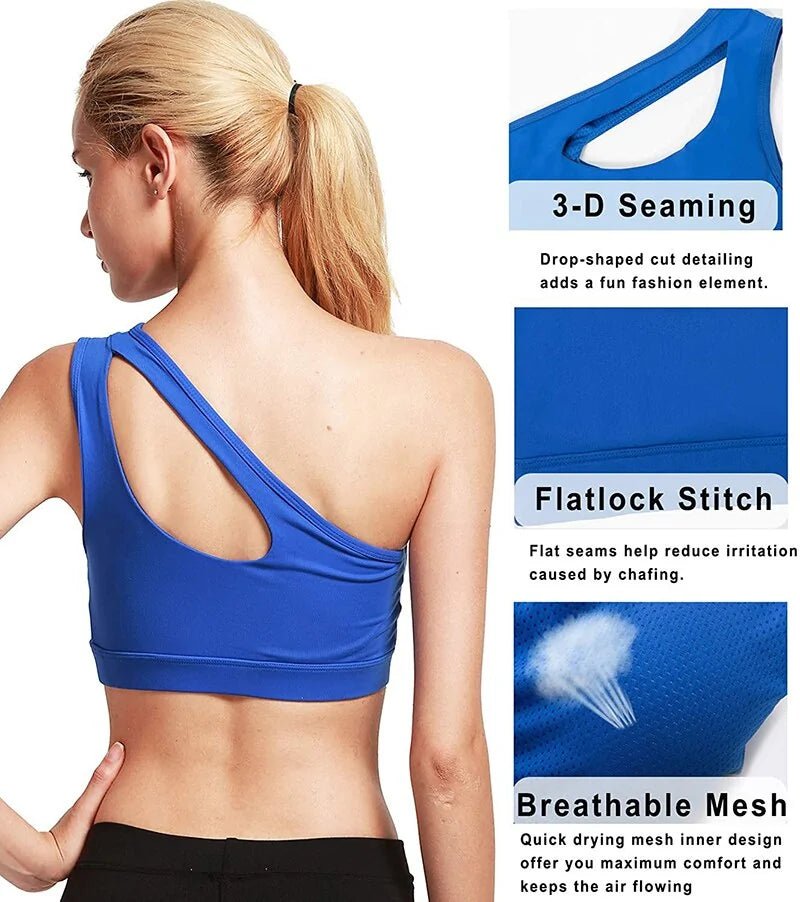 One - Shoulder Yoga Sports Bra; Sexy, Wire - Free, Push - Up Crop Top - SensorySoft