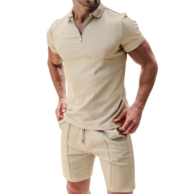 Men's 2-Piece Waffle Zip Polo & Drawstring Shorts Set