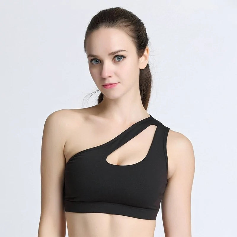 One-Shoulder Yoga Sports Bra; Sexy, Wire-Free, Push-Up Crop Top