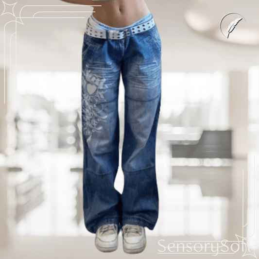 Printed Cargo Jeans - Flower Print Blue - SensorySoft