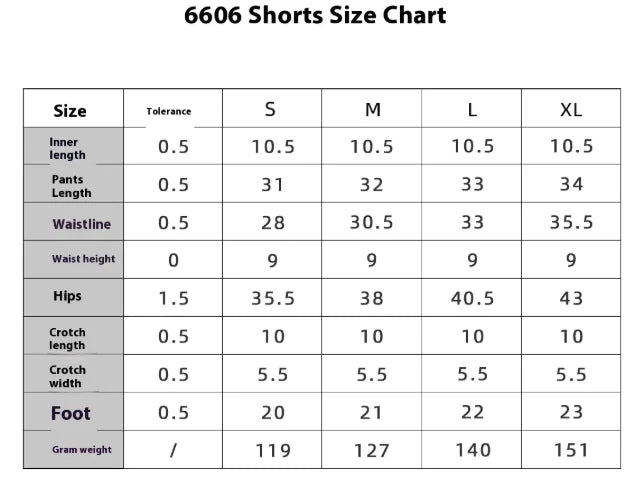 Size chart for 6606 shorts with measurements in centimeters.
