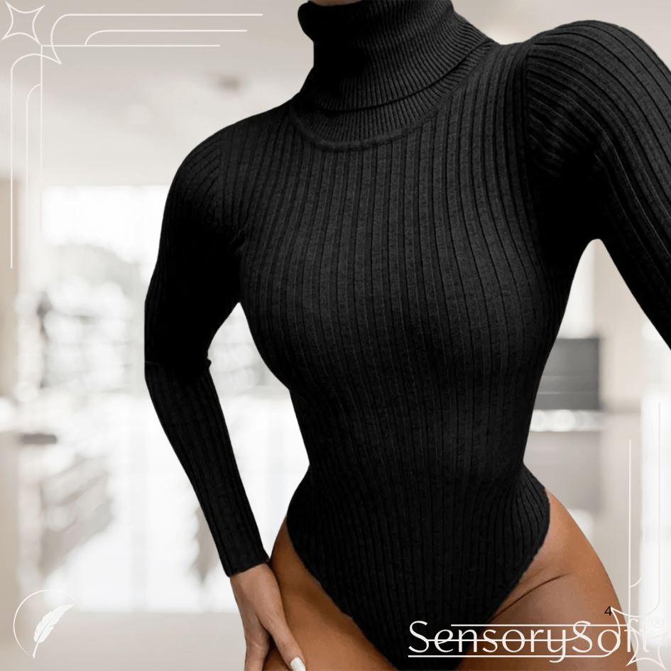 Ribbed Knitted Turtleneck Bodysuit - Long Sleeve Women's Winter Clothing - SensorySoft