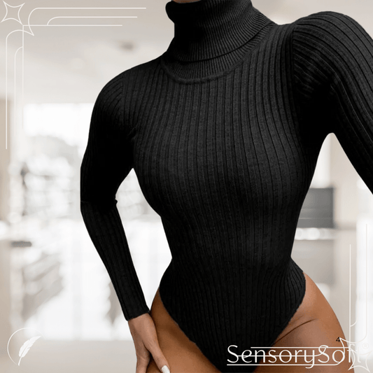 Ribbed Knitted Turtleneck Bodysuit - Long Sleeve Women's Winter Clothing - SensorySoft