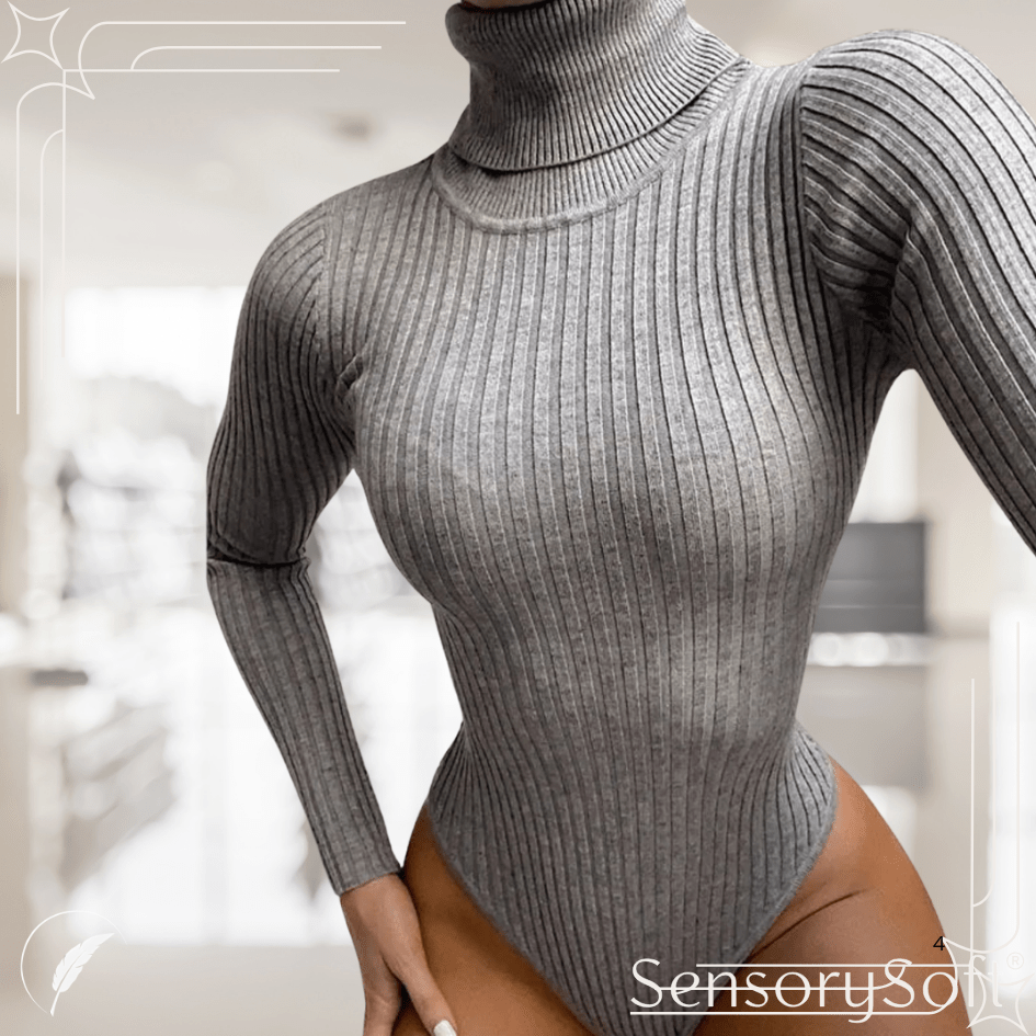 Ribbed Knitted Turtleneck Bodysuit - Long Sleeve Women's Winter Clothing - SensorySoft