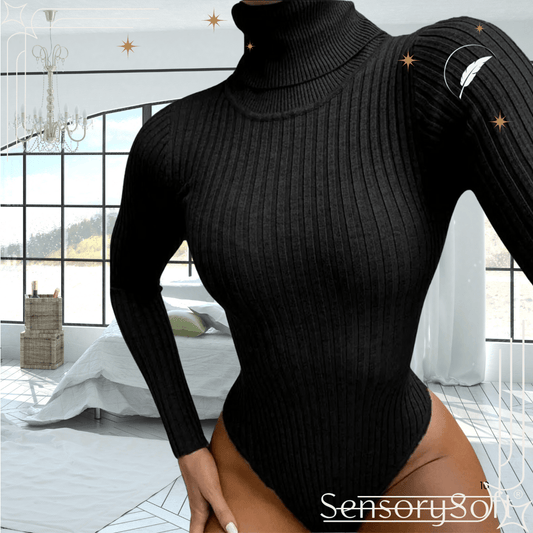 Ribbed Knitted Turtleneck Bodysuit - Long Sleeve Women's Winter Clothing - SensorySoft