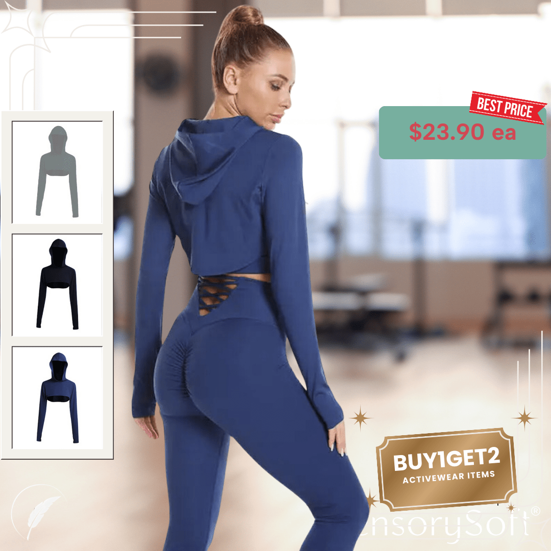 Seamless Yoga and Gym Fitness Sets - 3 Piece Sets - 2 Piece Sets - Pants - Sports Bra and Matching Crop Top Hoodie - SensorySoft